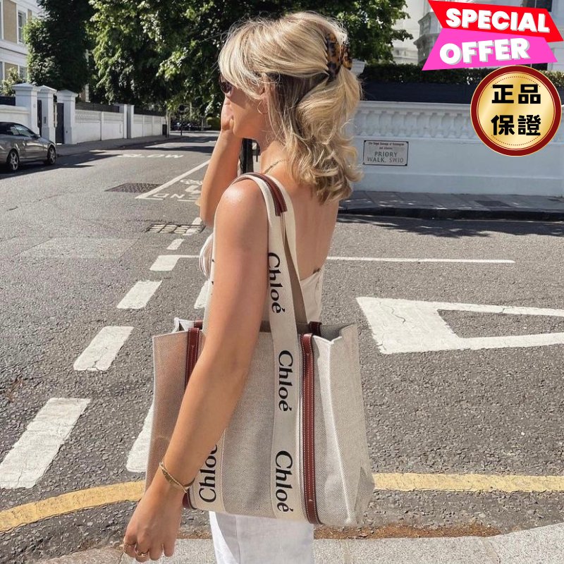 🎉新品好折扣✨Chloe 中款皮革飾邊絲帶棉質 Woody 包 棕色﻿-0