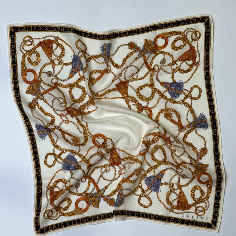 CELINE 絕版 棉質絲巾 日本製 流蘇鎖鏈款-0