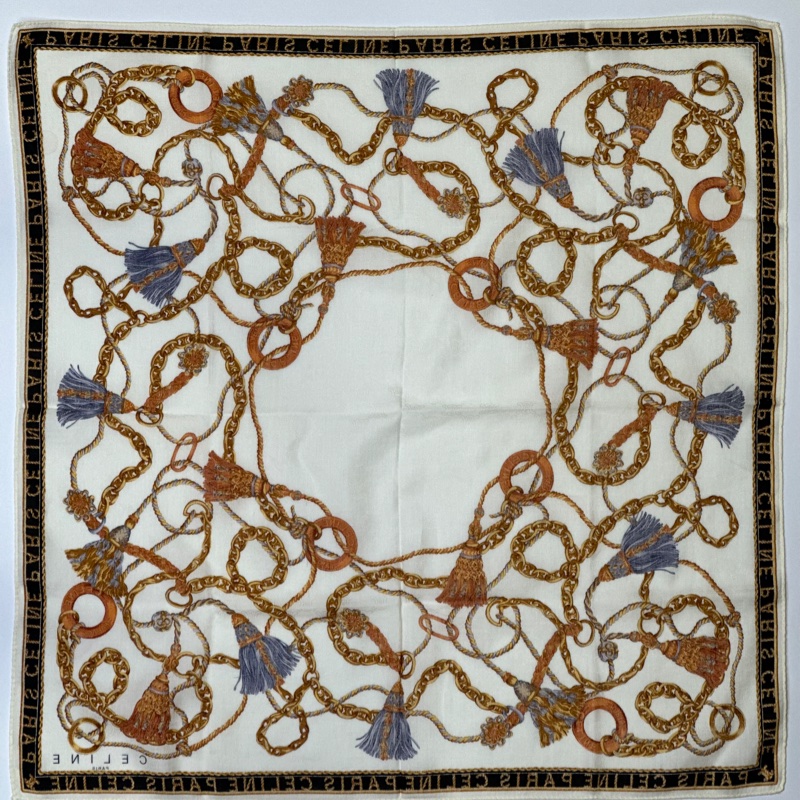 CELINE 絕版 棉質絲巾 日本製 流蘇鎖鏈款-1