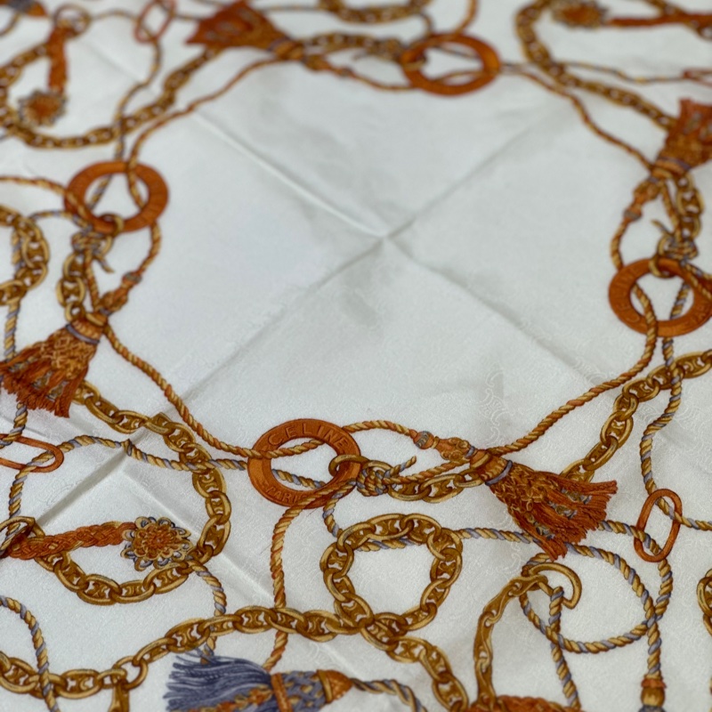 CELINE 絕版 棉質絲巾 日本製 流蘇鎖鏈款-3