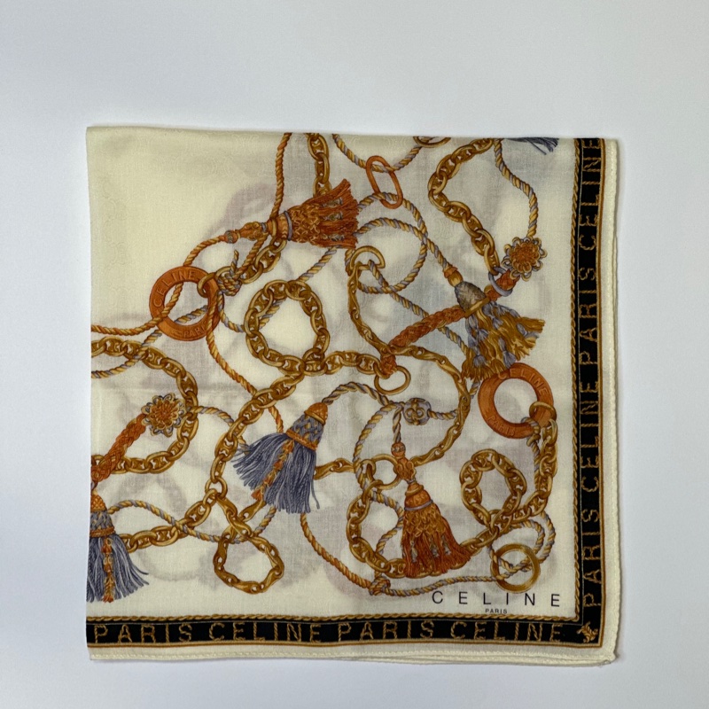 CELINE 絕版 棉質絲巾 日本製 流蘇鎖鏈款-5