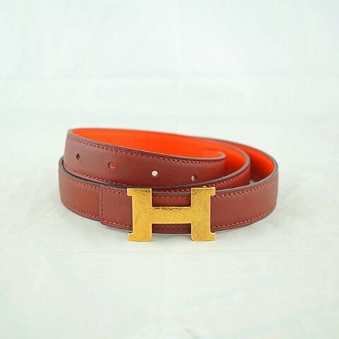 愛馬仕 Hermes Mini Constance Martelee 玫瑰金敲打紋暗紅橘雙面皮帶 / Z刻 24mm(附購證影本)