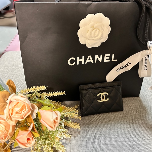 🌹CHANEL 香奈兒🌹經典品牌LOGO菱格粒紋牛皮萬用卡夾黑色-10