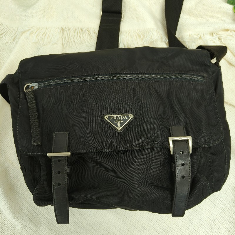 ㊣✨PRADA✨（附防塵袋）普拉達 黑色 掀蓋式 輕量 帆布 雙釦 郵差包 肩背包 斜背包 /二手包/二手精品/保證正品🌳二手樹屋🌳-1
