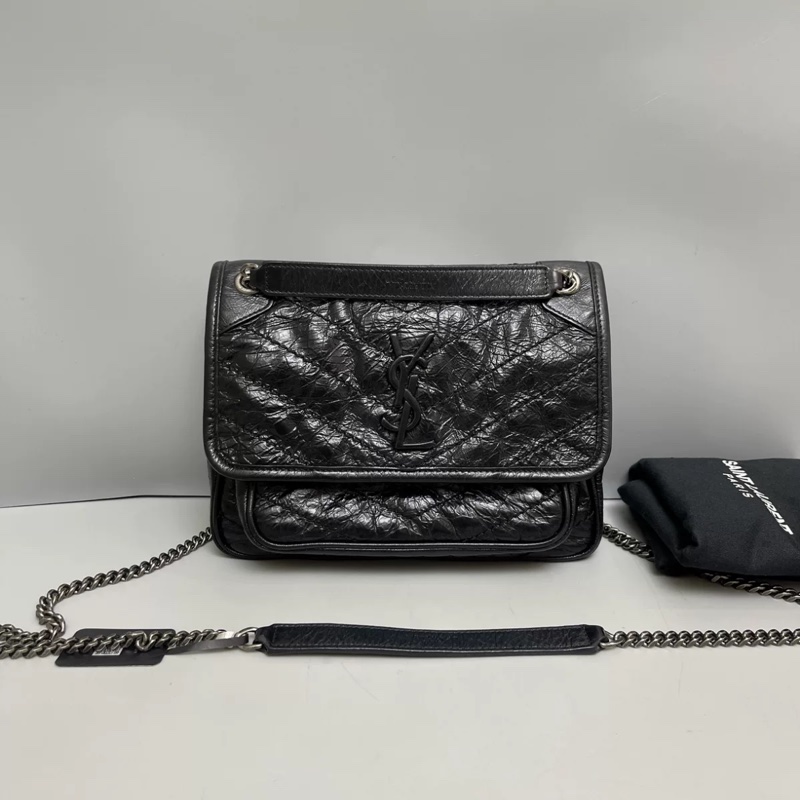 YSL Saint Laurent Niki小號黑色全皮銀鏈郵差包-0