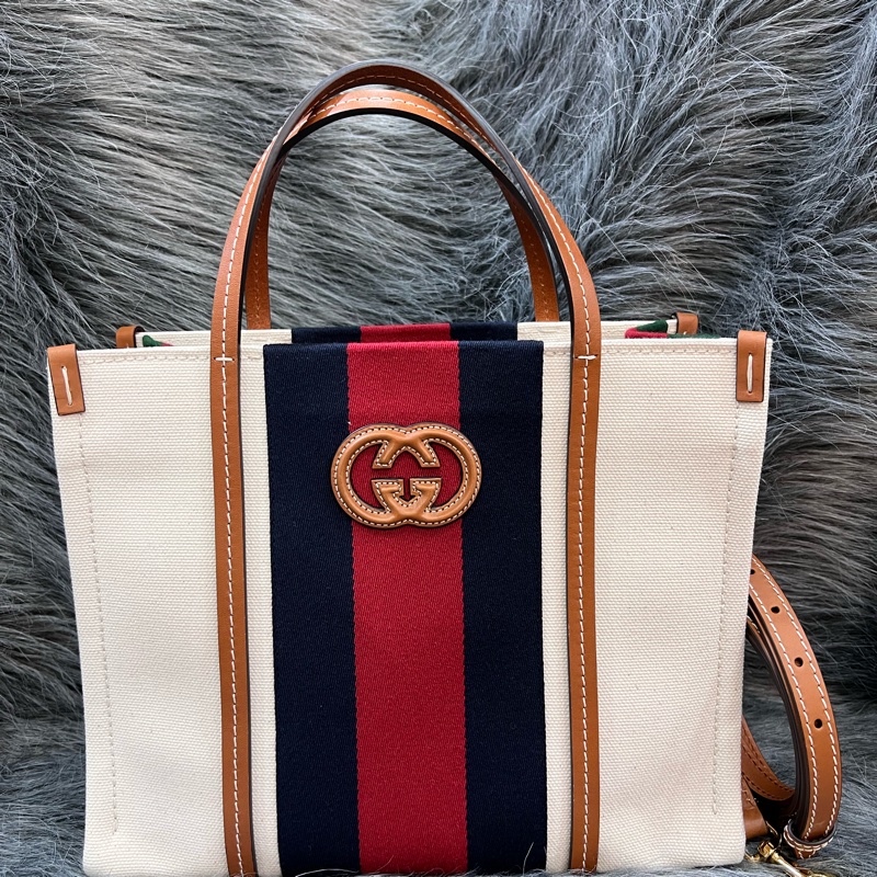 Gucci 焦糖色 牛皮 米白 帆布 GRG 藍紅藍 金釦 托特包 Booktote 手提包 公事包 斜背包 肩背包 旅行包-0