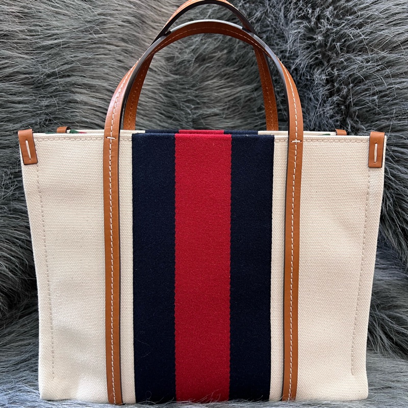 Gucci 焦糖色 牛皮 米白 帆布 GRG 藍紅藍 金釦 托特包 Booktote 手提包 公事包 斜背包 肩背包 旅行包-2