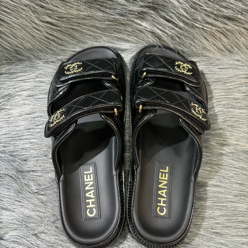 CHANEL G45507 LOGO 雙C金釦 黑色 牛皮 菱格紋 皮穿鍊 勃肯鞋 拖鞋 平底鞋 涼鞋-1