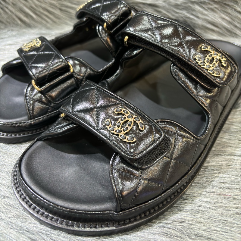 CHANEL G45507 LOGO 雙C金釦 黑色 牛皮 菱格紋 皮穿鍊 勃肯鞋 拖鞋 平底鞋 涼鞋-3