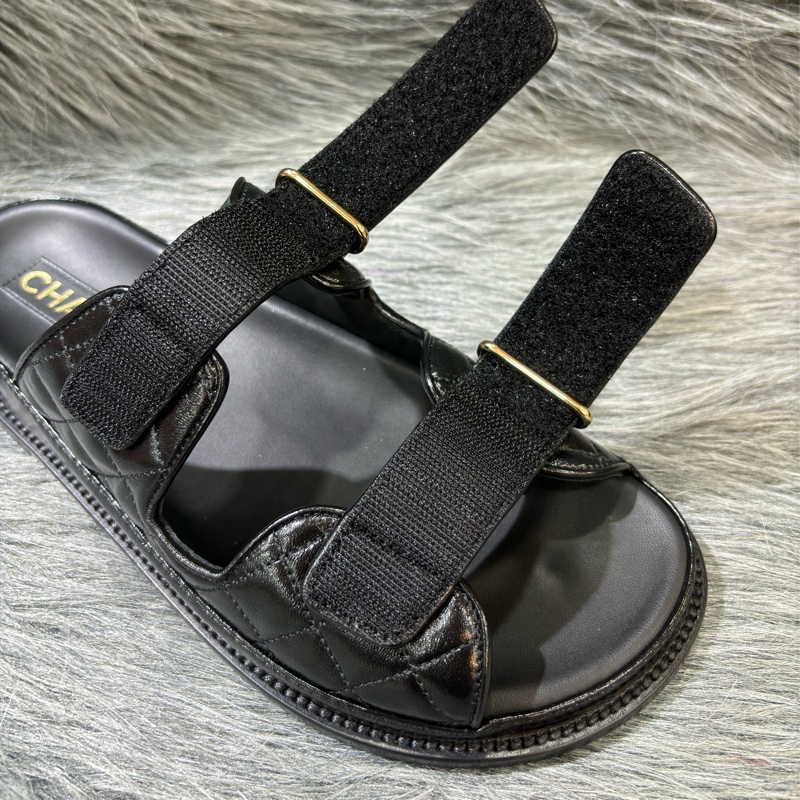 CHANEL G45507 LOGO 雙C金釦 黑色 牛皮 菱格紋 皮穿鍊 勃肯鞋 拖鞋 平底鞋 涼鞋-4