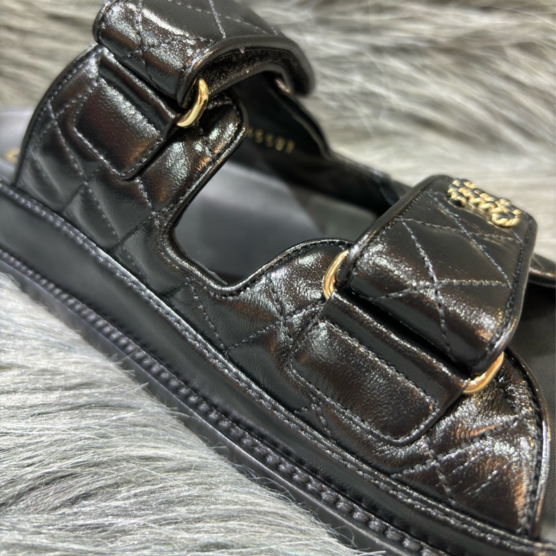 CHANEL G45507 LOGO 雙C金釦 黑色 牛皮 菱格紋 皮穿鍊 勃肯鞋 拖鞋 平底鞋 涼鞋-7