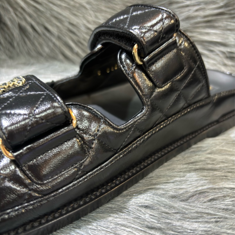 CHANEL G45507 LOGO 雙C金釦 黑色 牛皮 菱格紋 皮穿鍊 勃肯鞋 拖鞋 平底鞋 涼鞋-8