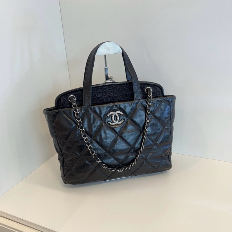 Chanel黑色菱格2way琴譜鏈條tote-0