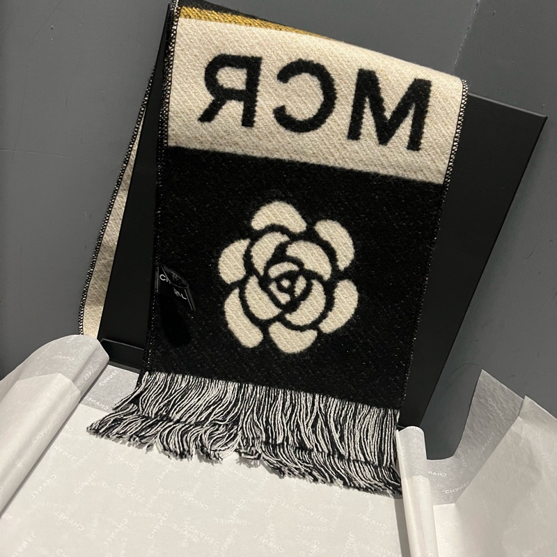 Chanel香奈兒 大雙C logo 拼色 山茶花 圍巾-8