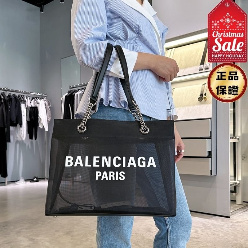 🎊佳節特賣🎁Balenciaga 741602 Duty Free M 中款網狀透視購物袋/托特包 黑色-0