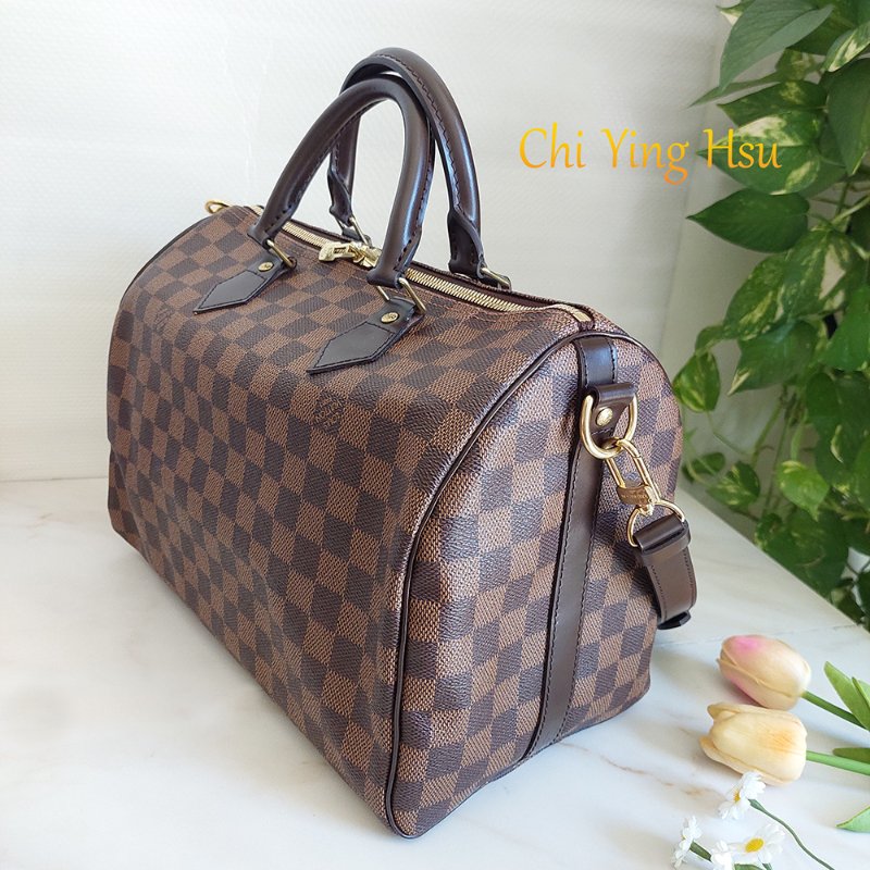 LV  🎀現品實拍 🎀 N41183 格紋 Speedy30cm 波士頓包 手提 斜背包~二手品-2