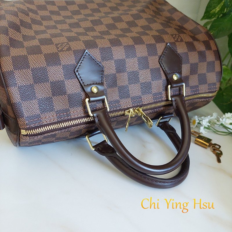 LV  🎀現品實拍 🎀 N41183 格紋 Speedy30cm 波士頓包 手提 斜背包~二手品-4
