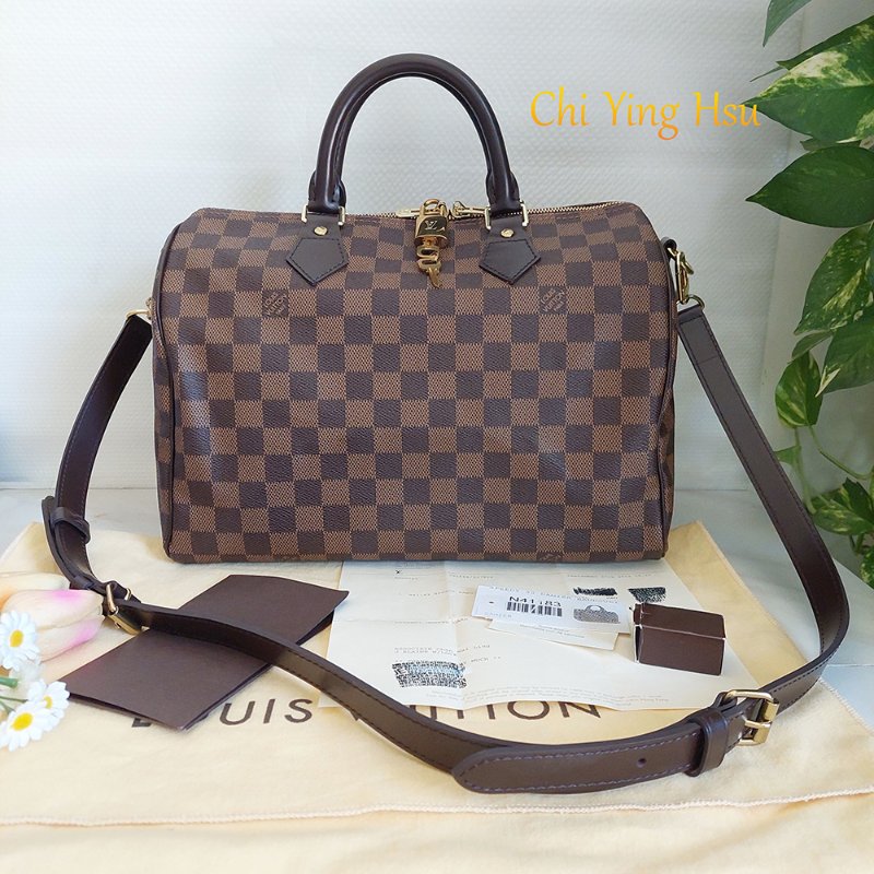 LV  🎀現品實拍 🎀 N41183 格紋 Speedy30cm 波士頓包 手提 斜背包~二手品-5
