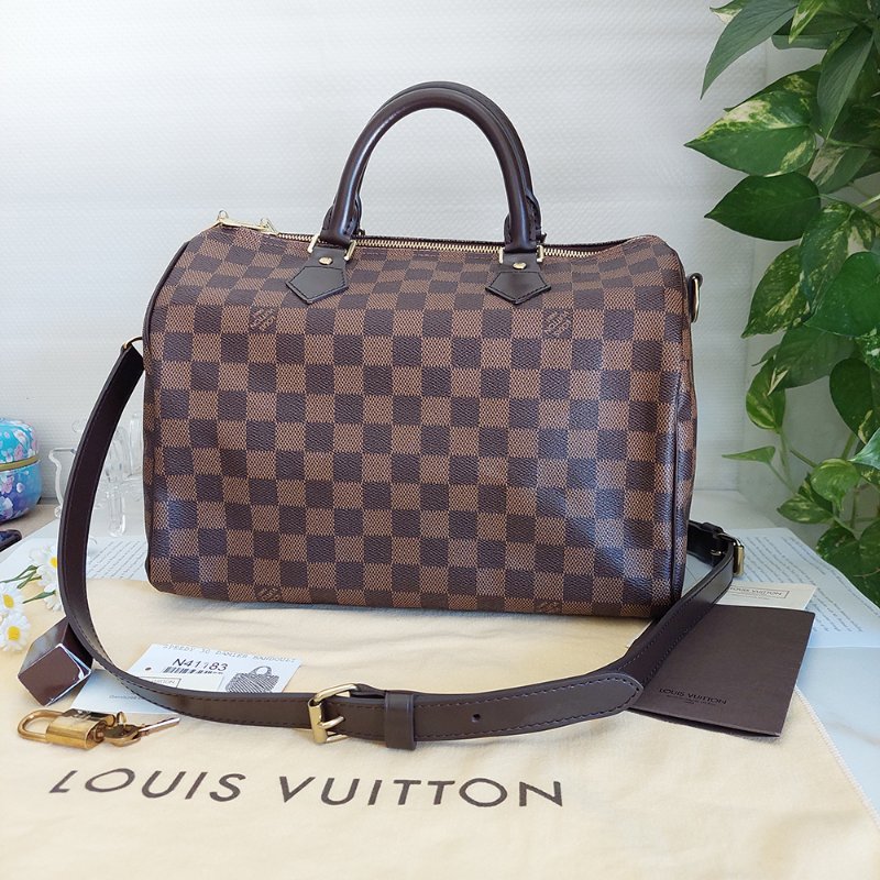 LV  🎀現品實拍 🎀 N41183 格紋 Speedy30cm 波士頓包 手提 斜背包~二手品-10