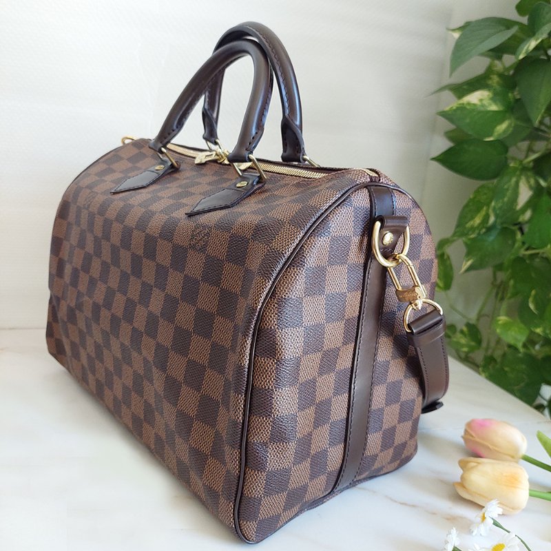 LV  🎀現品實拍 🎀 N41183 格紋 Speedy30cm 波士頓包 手提 斜背包~二手品-11
