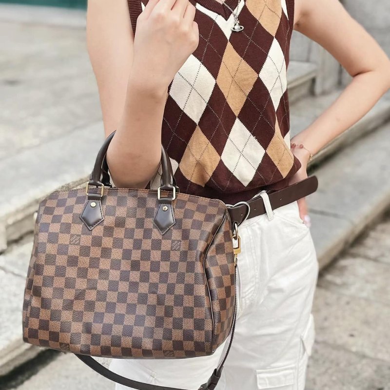 LV  🎀現品實拍 🎀 N41183 格紋 Speedy30cm 波士頓包 手提 斜背包~二手品-19
