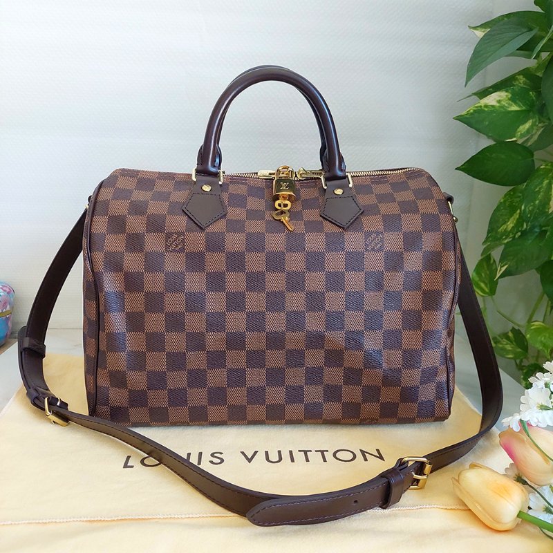 LV  🎀現品實拍 🎀 N41183 格紋 Speedy30cm 波士頓包 手提 斜背包~二手品-20