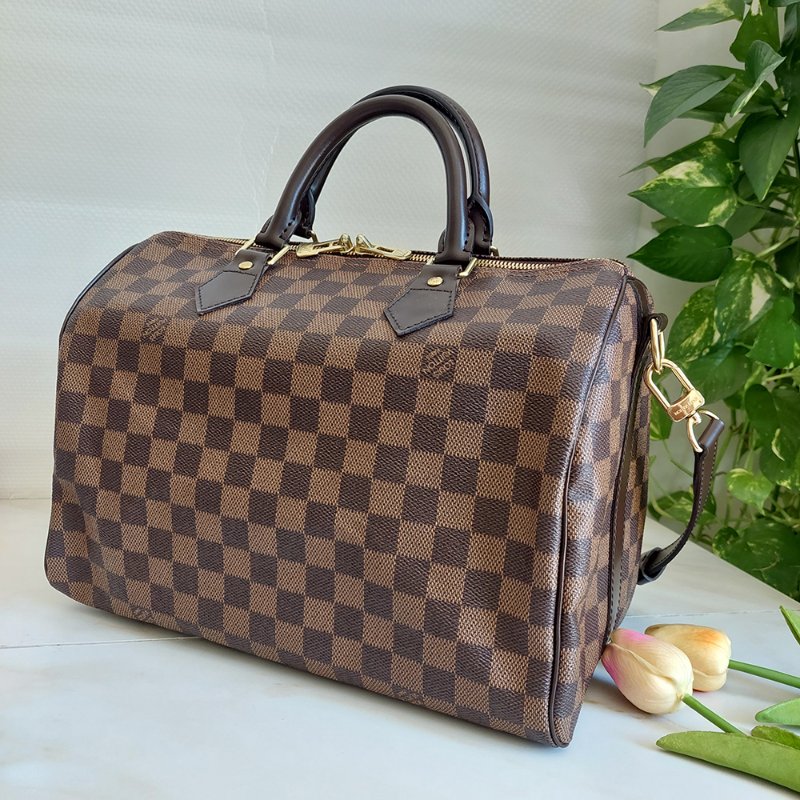 LV  🎀現品實拍 🎀 N41183 格紋 Speedy30cm 波士頓包 手提 斜背包~二手品-21