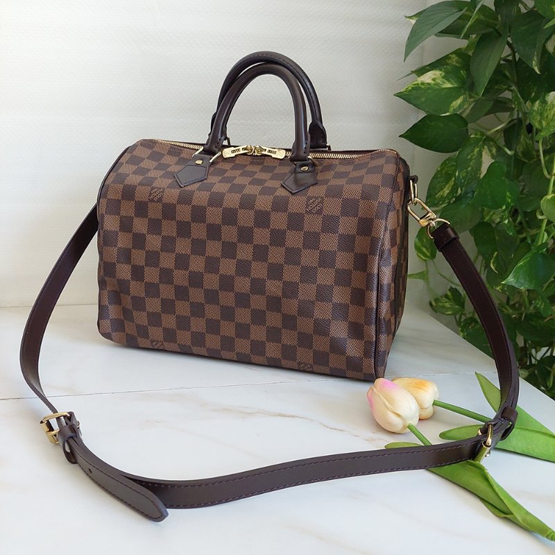 LV  🎀現品實拍 🎀 N41183 格紋 Speedy30cm 波士頓包 手提 斜背包~二手品-22