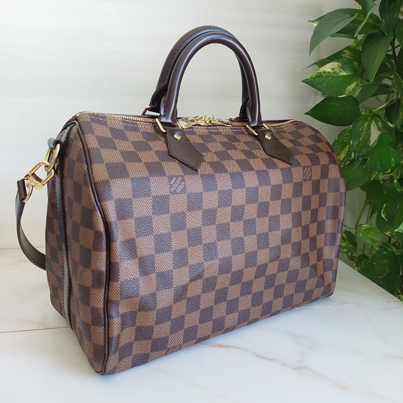 LV  🎀現品實拍 🎀 N41183 格紋 Speedy30cm 波士頓包 手提 斜背包~二手品-23