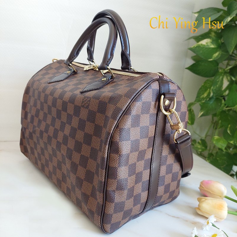 LV  🎀現品實拍 🎀 N41183 格紋 Speedy30cm 波士頓包 手提 斜背包~二手品-29