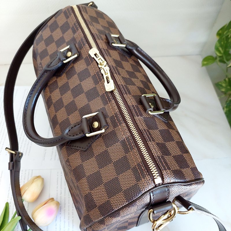 LV  🎀現品實拍 🎀 N41183 格紋 Speedy30cm 波士頓包 手提 斜背包~二手品-53