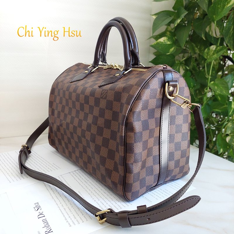 LV  🎀現品實拍 🎀 N41183 格紋 Speedy30cm 波士頓包 手提 斜背包~二手品-64