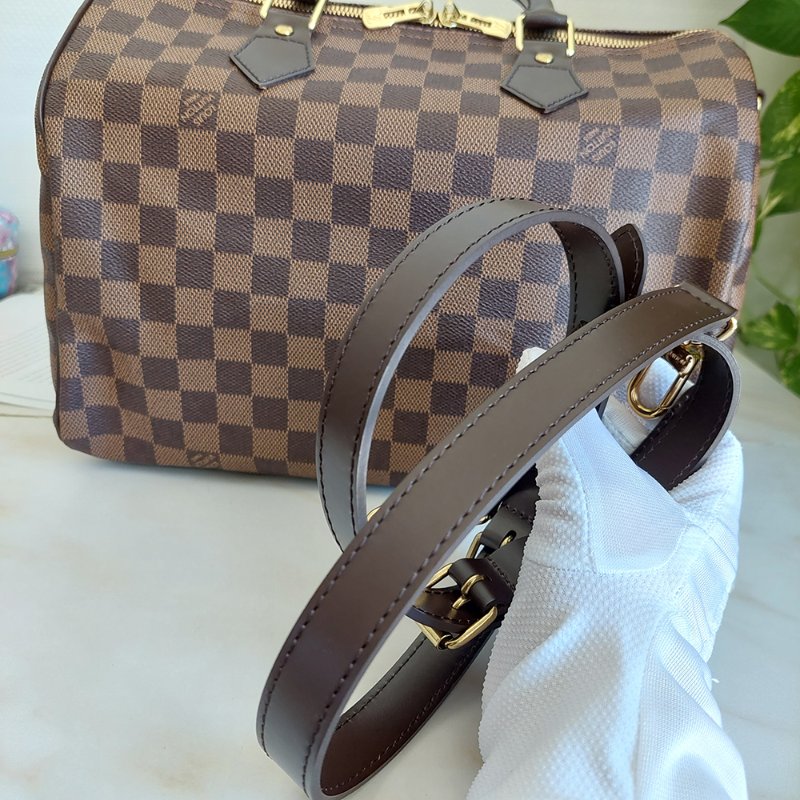 LV  🎀現品實拍 🎀 N41183 格紋 Speedy30cm 波士頓包 手提 斜背包~二手品-66