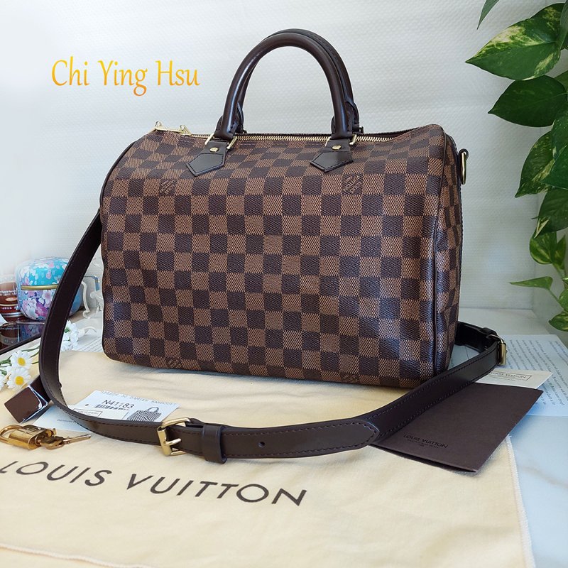 LV  🎀現品實拍 🎀 N41183 格紋 Speedy30cm 波士頓包 手提 斜背包~二手品-67