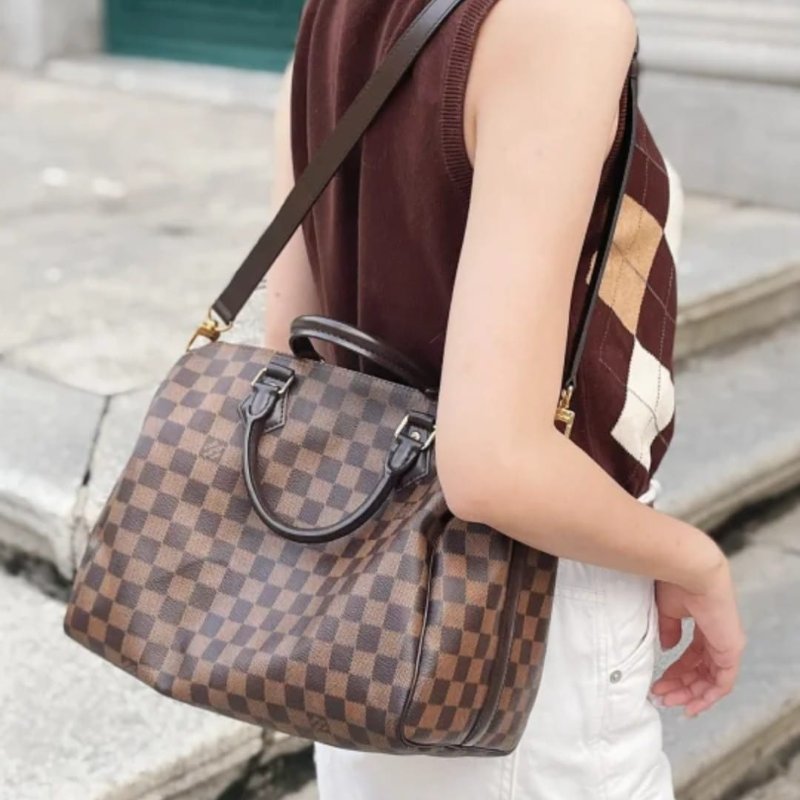 LV  🎀現品實拍 🎀 N41183 格紋 Speedy30cm 波士頓包 手提 斜背包~二手品-78