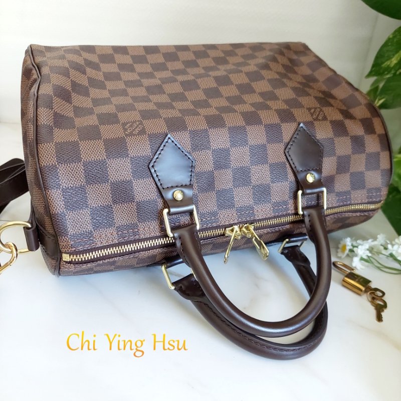 LV  🎀現品實拍 🎀 N41183 格紋 Speedy30cm 波士頓包 手提 斜背包~二手品-68