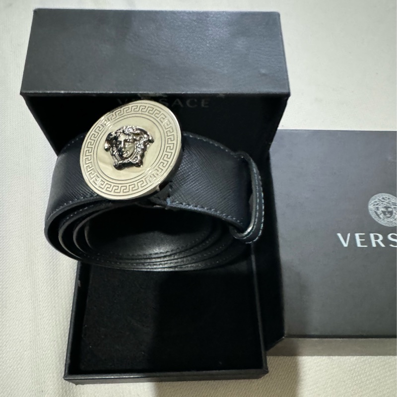 VERSACE 范思哲 凡賽斯 深藍色皮革 皮帶 尺吋90 二手正品☻不議價☻-0