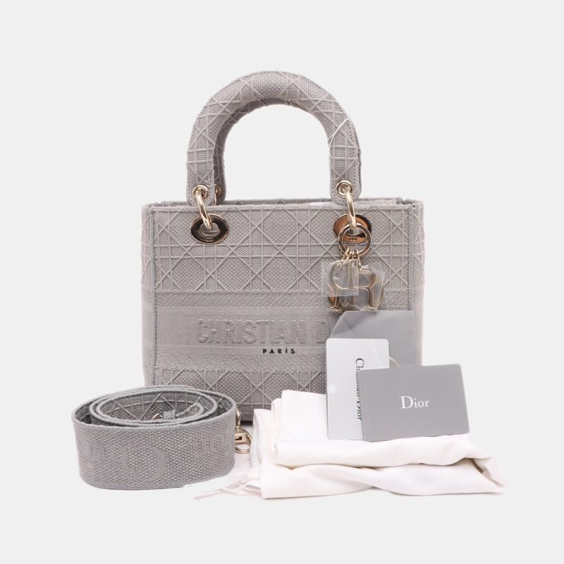 Christian Dior Lady D-Lite中號灰色帆布刺繡藤格紋單肩包-0