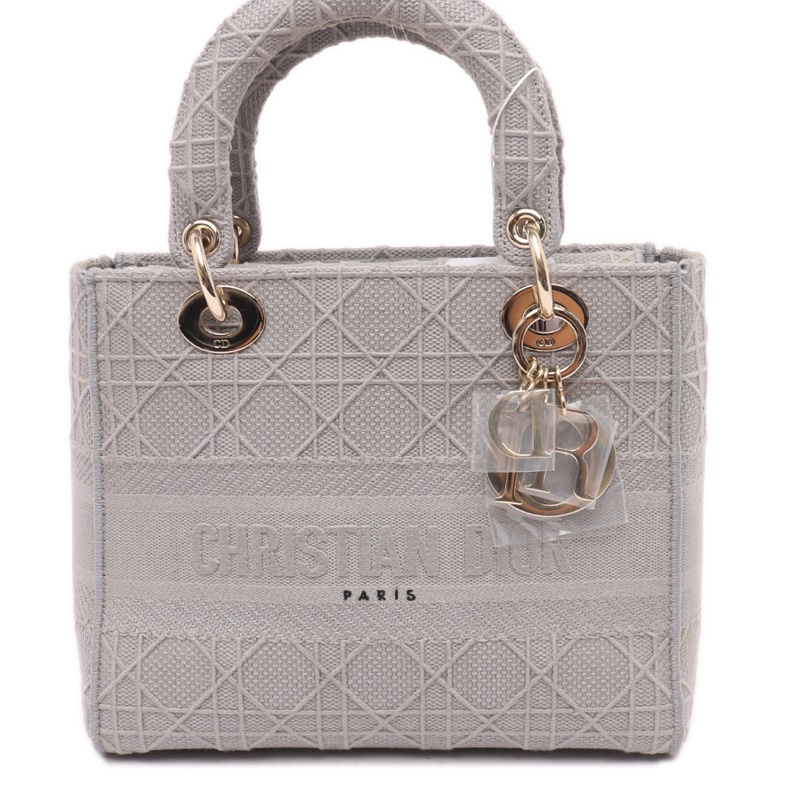 Christian Dior Lady D-Lite中號灰色帆布刺繡藤格紋單肩包-1