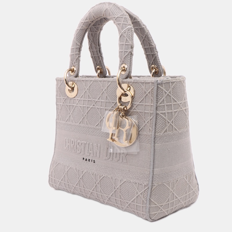 Christian Dior Lady D-Lite中號灰色帆布刺繡藤格紋單肩包-2
