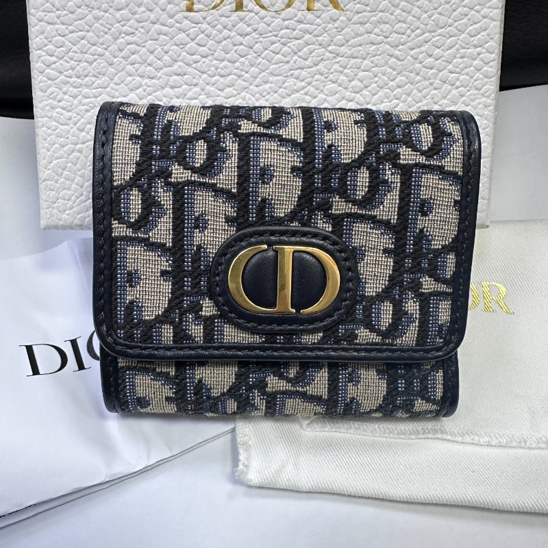 Dior MONTAIGNE 藍色緹花布翻蓋三折短夾(4卡)-0