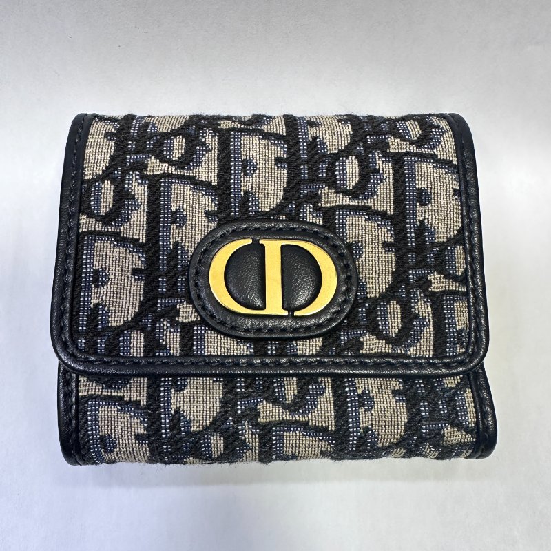 Dior MONTAIGNE 藍色緹花布翻蓋三折短夾(4卡)-5