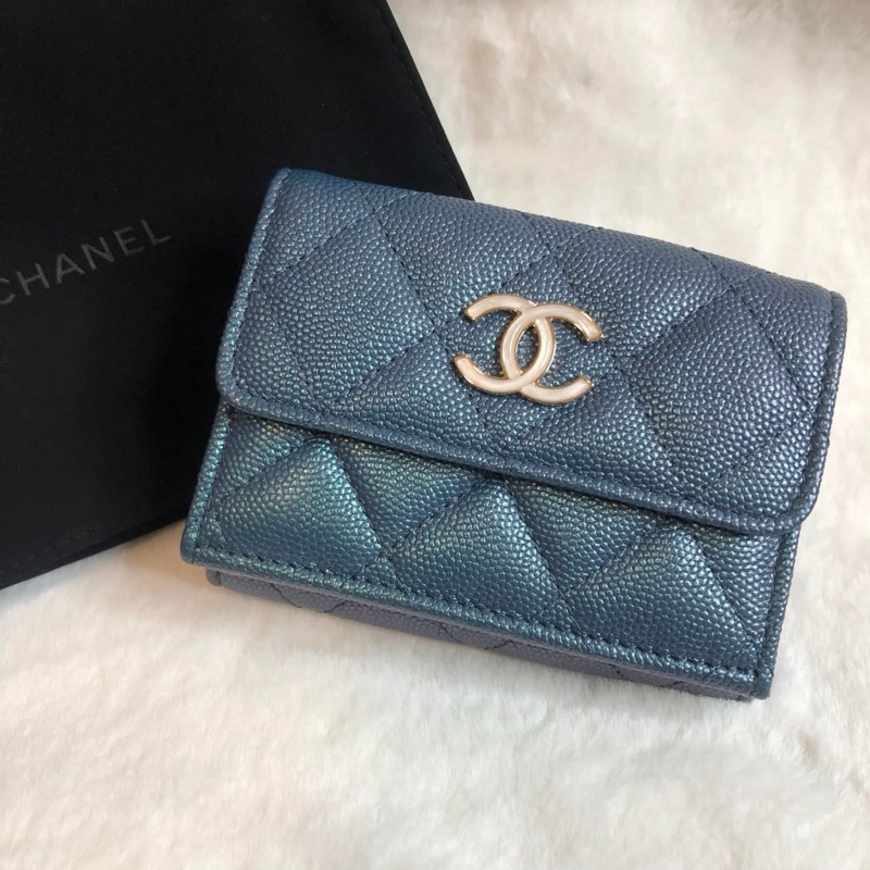 CHANEL 💫 荔枝 牛皮 珠光 三折 短夾-0