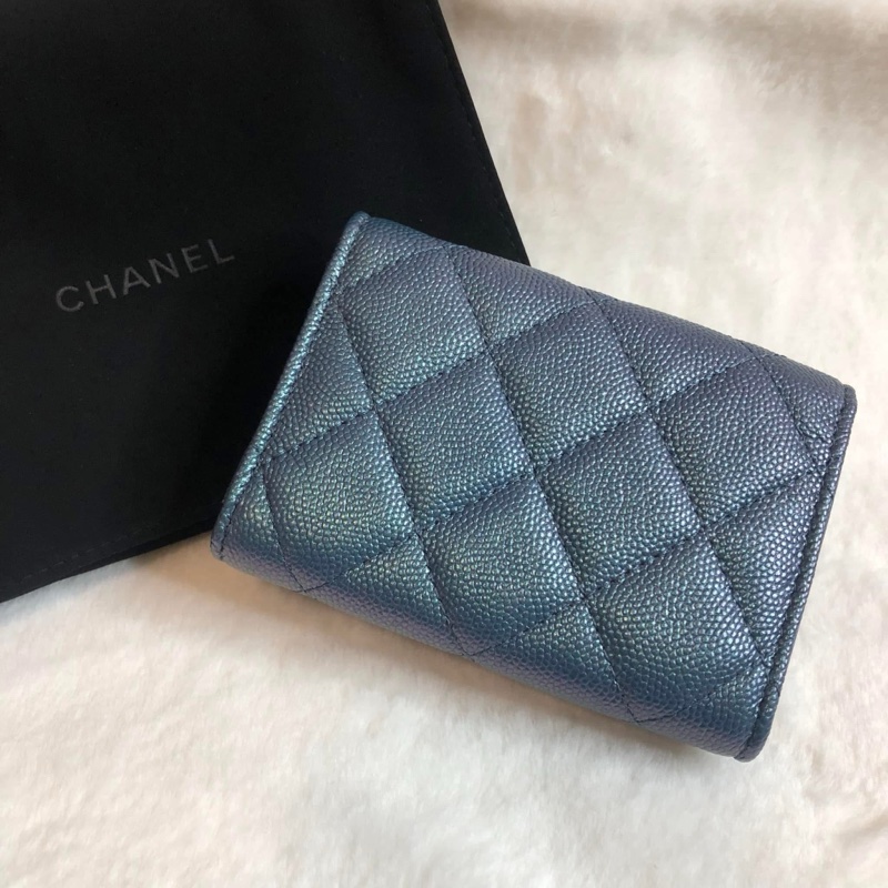 CHANEL 💫 荔枝 牛皮 珠光 三折 短夾-3