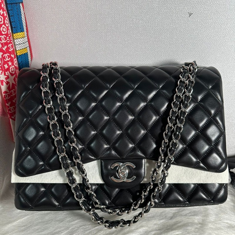 全新CHANEL maxi cf 黑銀羊皮33cm-0