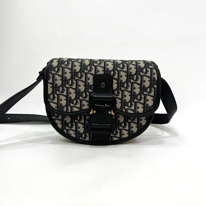 Dior藍提花布黑牛皮Gallop斜背郵差包-0