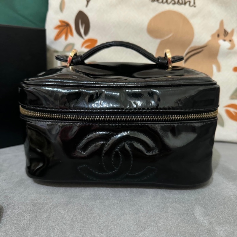 稀有經典香奈兒 Chanel vintage 大logo 黑色 小牛漆皮 金釦 手提化妝箱包 鏈條斜背包-5