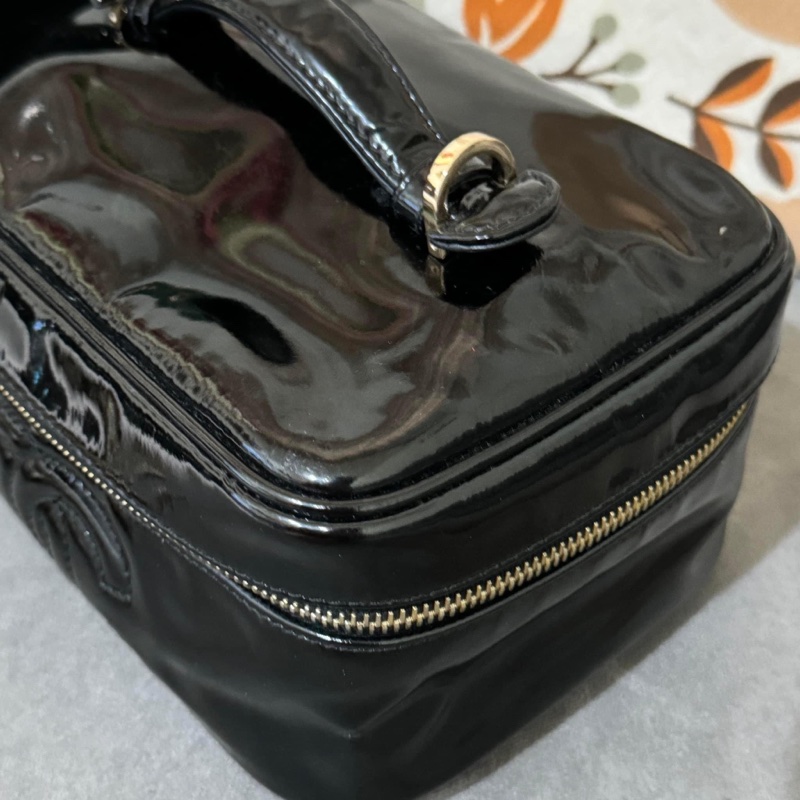 稀有經典香奈兒 Chanel vintage 大logo 黑色 小牛漆皮 金釦 手提化妝箱包 鏈條斜背包-14
