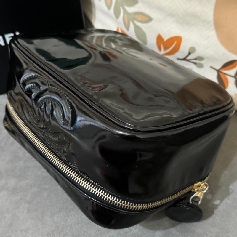 稀有經典香奈兒 Chanel vintage 大logo 黑色 小牛漆皮 金釦 手提化妝箱包 鏈條斜背包-16