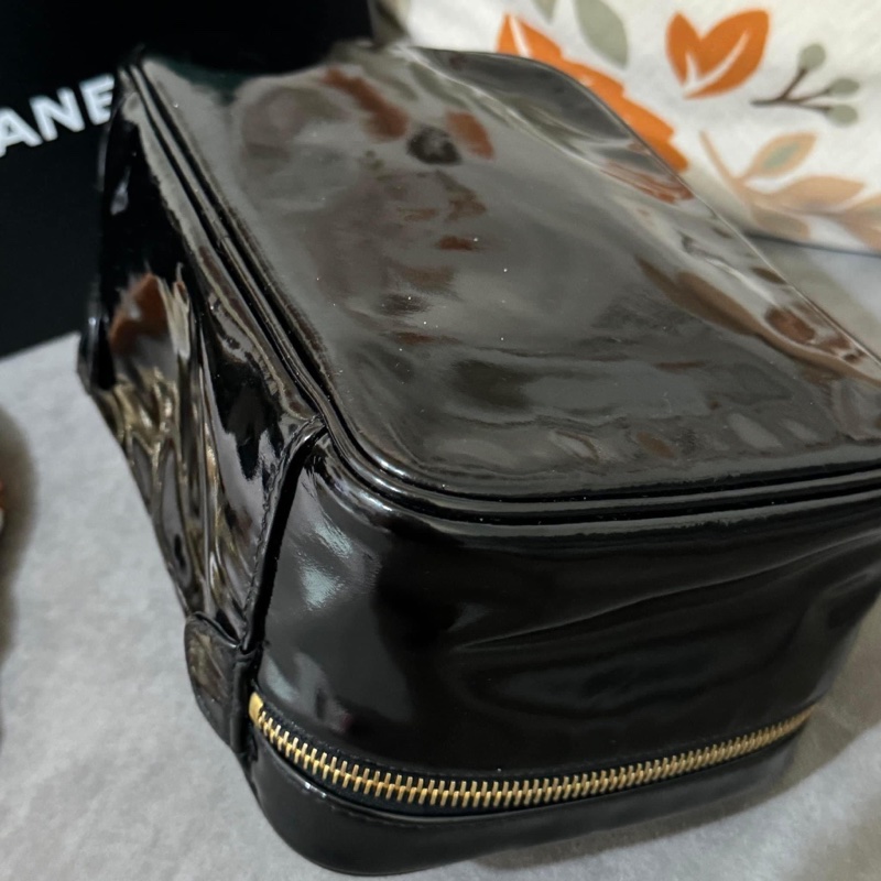 稀有經典香奈兒 Chanel vintage 大logo 黑色 小牛漆皮 金釦 手提化妝箱包 鏈條斜背包-18